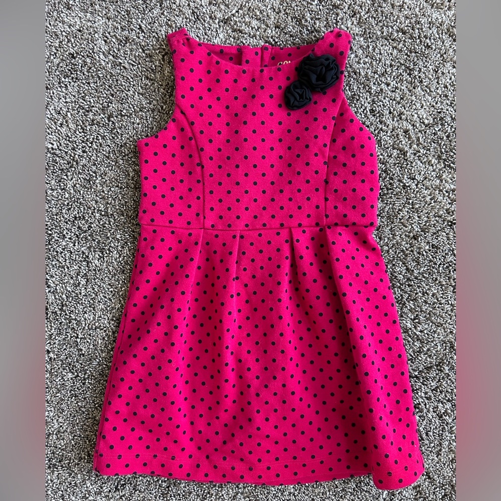 Girls Red Polka Dot Sleeveless Dress with Black Rosette and Gold Zipper Size 2t